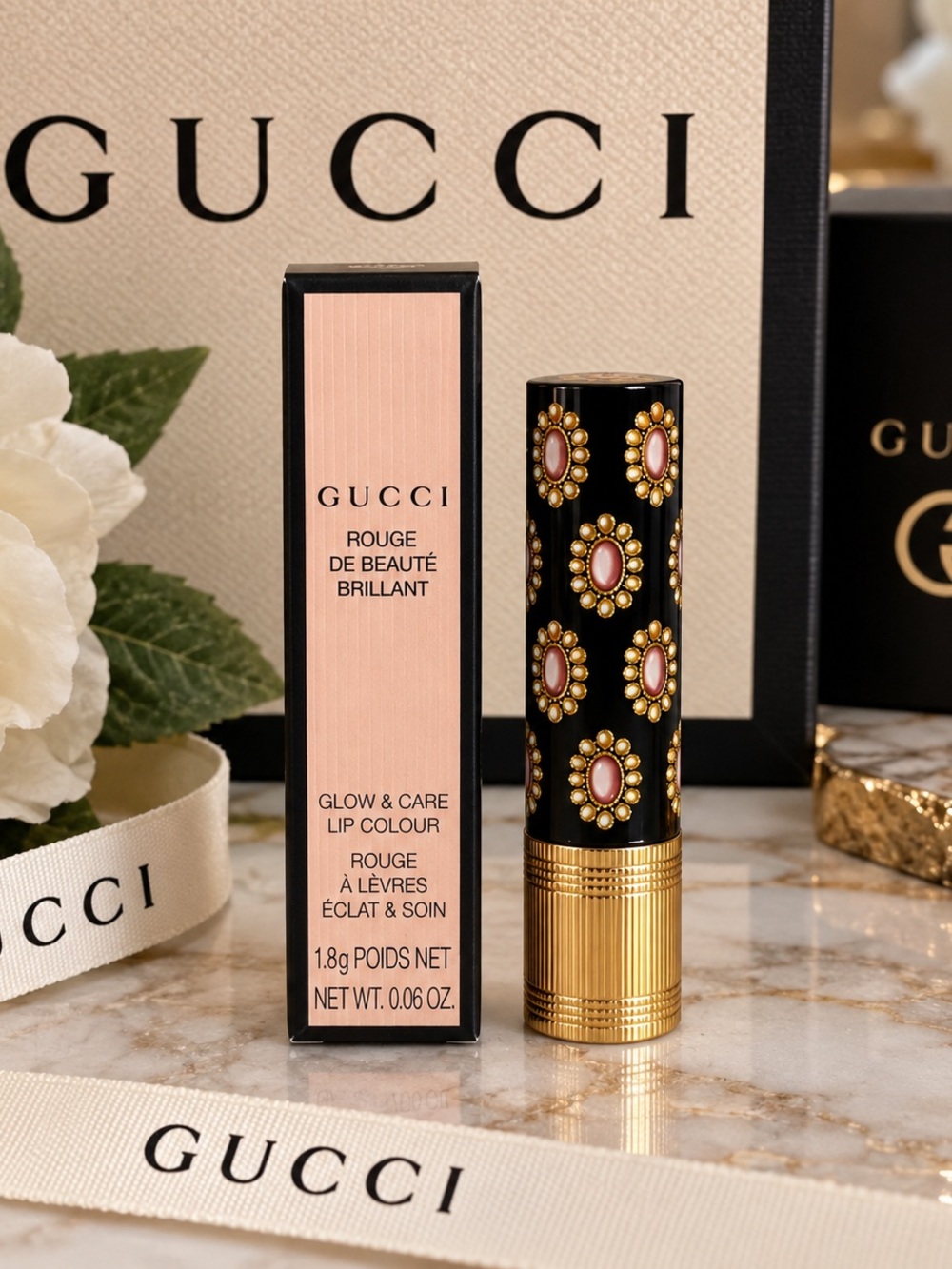 Gucci Lip Colour Glow & Care in Light Pink with Black & Gold Decorative Bullet